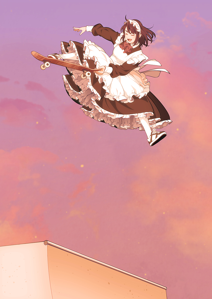 1girl, apron, benihana_(suzushiro333), dawn, highres, holding, holding_skateboard, jumping, kickflip, maid, maid_apron, maid_headdress, maid_skater, midair, orange_sky, scenery, shoes, skateboard, skateboarding, sky, sneakers, solo, suzushiro_(suzushiro333)