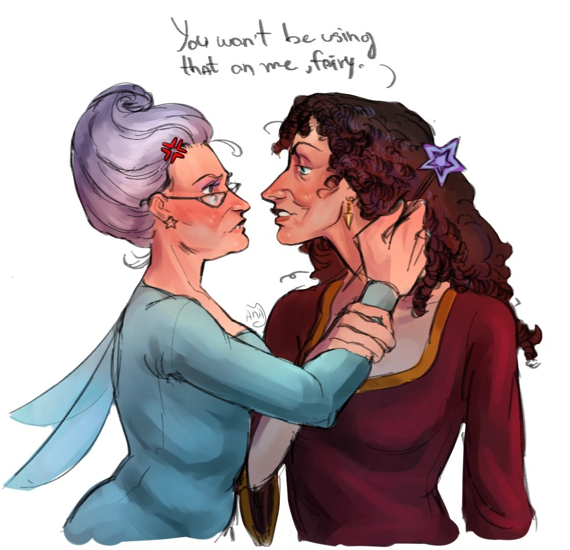 2girls, black_hair, dress, face-to-face, fairy_godmother_(shrek), fairy_wings, glasses, mother_gothel