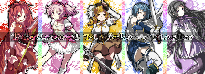 akemi_homura, bad_id, beret, black_hair, blonde_hair, blue_hair, boots, brown_legwear, column_lineup, corset, detached_sleeves, drill_hair, fingerless_gloves, gloves, gun, hair_ornament, hairband, hairpin, hat, highres, kaname_madoka, long_hair, long_image, magical_girl, magical_musket, mahou_shoujo_madoka_magica, miki_sayaka, multiple_girls, pink_hair, pleated_skirt, polearm, puffy_sleeves, red_hair, redhead, rekkuja, ribbon, rifle, sakura_kyouko, short_hair, skirt, smile, spear, sword, taut_shirt, thighhighs, title_drop, tomoe_mami, twin_drills, vertical-striped_legwear, vertical_stripes, weapon, wide_image, zettai_ryouiki