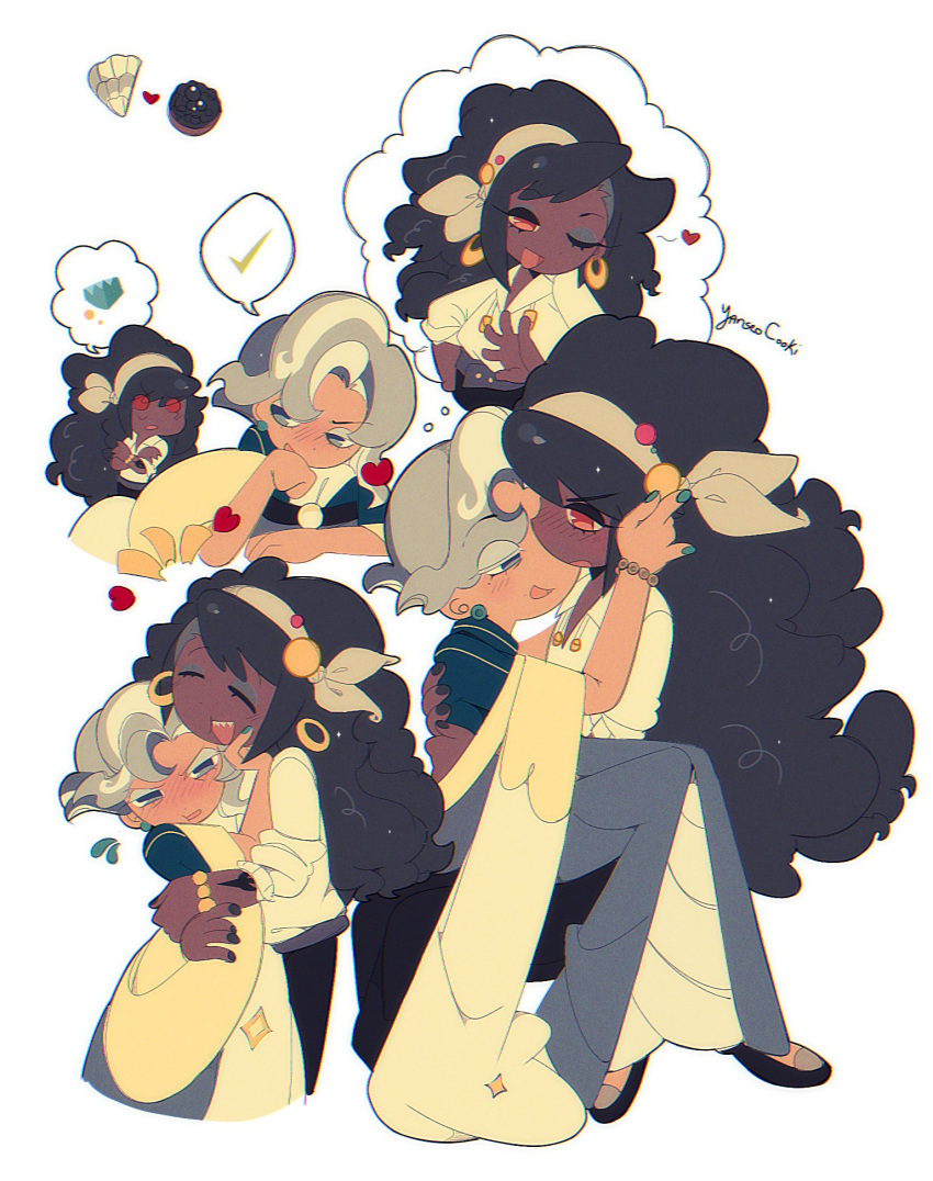 2girls, black_hair, blush, captain_caviar_cookie, cookie_run, cookie_run:_kingdom, dark-skinned_female, dark_skin, dress, genderswap, genderswap_(mtf), grey_dress, grey_hair, highres, long_hair, looking_at_another, multiple_girls, oyster_cookie, short_hair, yanseocooki, yuri