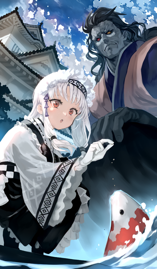 1boy, 1girl, :o, ainu_clothes, animal, architecture, black_hair, black_hakama, blue_sky, bob_(biyonbiyon), check_clothing, closed_mouth, clothing_request, clouds, colored_skin, commentary_request, day, east_asian_architecture, fate/grand_order, fate_(series), fish, frilled_hairband, frilled_sleeves, frills, from_below, fuun_karakuri_illya-jou, gloves, grey_skin, hairband, hakama, hakama_pants, haori, heracles_(fate), japanese_clothes, kimono, koi, long_hair, long_sleeves, low-tied_sidelocks, no_eyebrows, official_alternate_costume, official_art, open_mouth, orange_haori, outdoors, pants, purple_kimono, red_eyes, sitonai_(fate), size_difference, sky, solid_eyes, splashing, squatting, sunlight, third-party_source, water, white_gloves, white_hair, white_hairband, white_kimono, wide_sleeves, yellow_eyes
