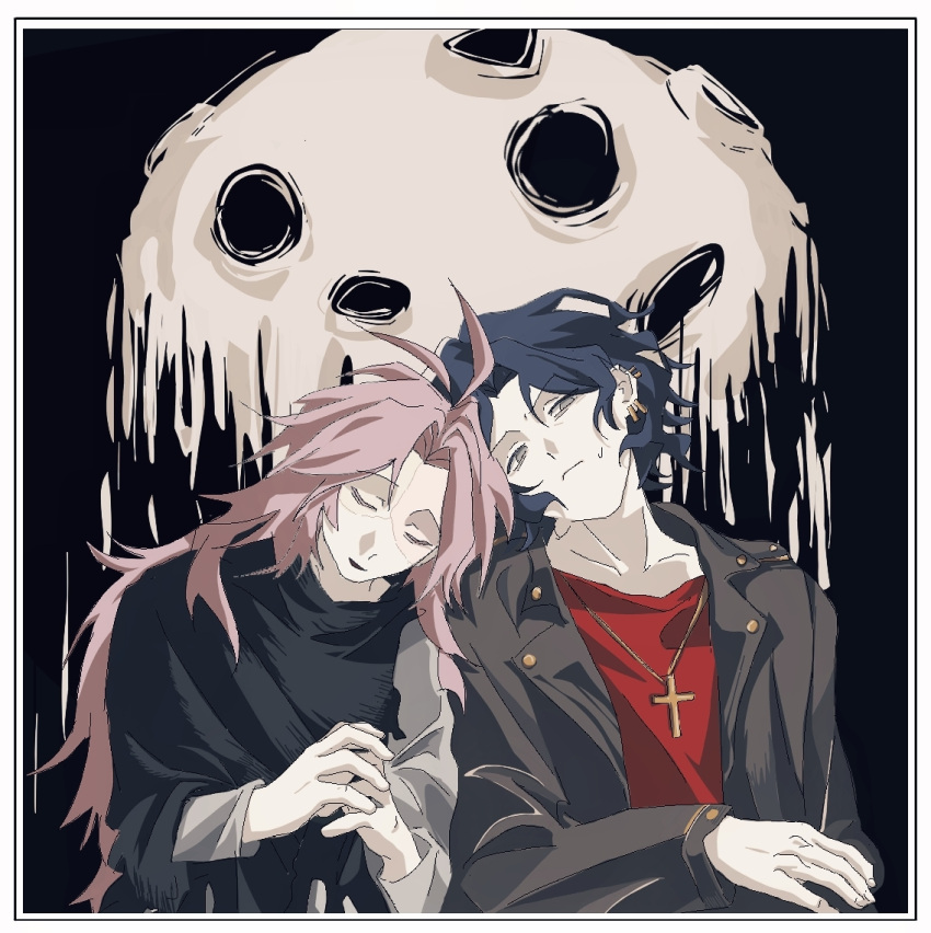 2boys, antenna_hair, black_background, black_capelet, black_jacket, blue_hair, border, capelet