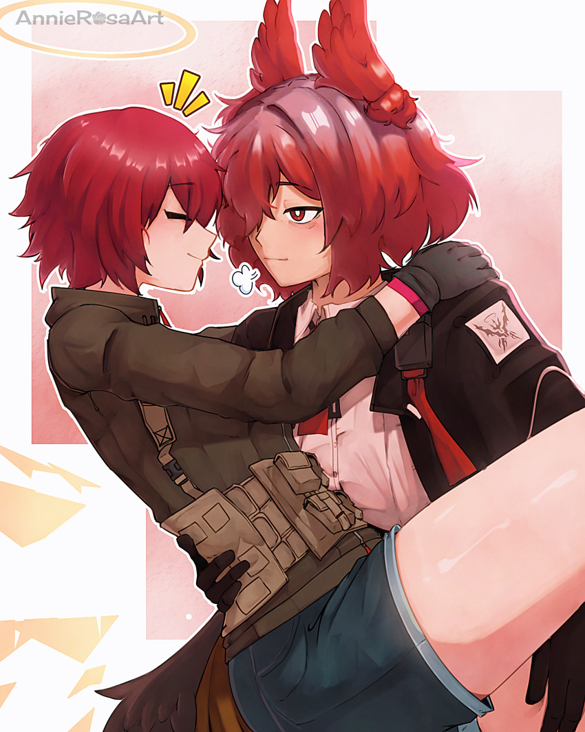 2girls, absurdres, animal_ears, annierosaart, arknights, artist_name, bird_ears, black_gloves