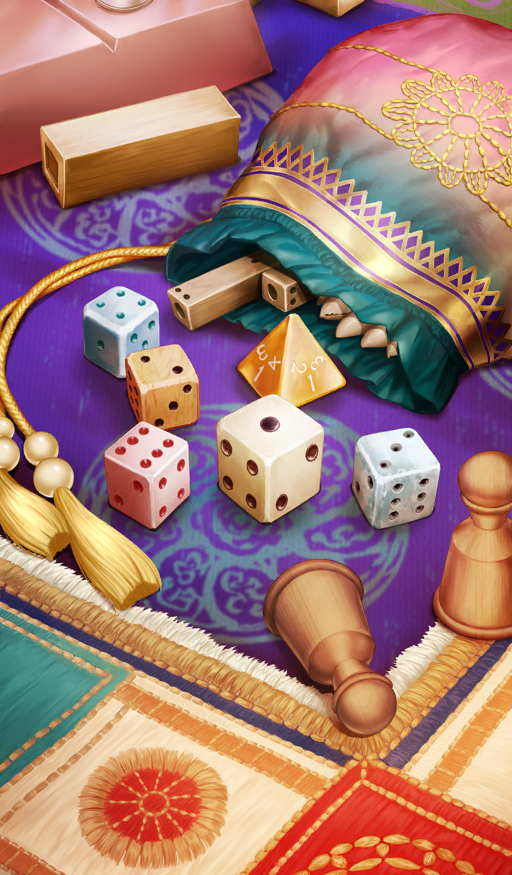 commentary_request, cube, d4_(die), dice, fate/grand_order, fate_(series), no_humans, object_focus, official_art, polyhedral_dice, pouch, still_life, tassel, tatsuyo, tetrahedron, third-party_source
