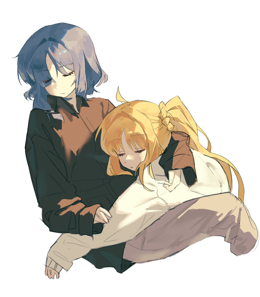 2girls, ahoge, black_shirt, blonde_hair, blue_hair, bocchi_the_rock!, closed_eyes, closed_mouth