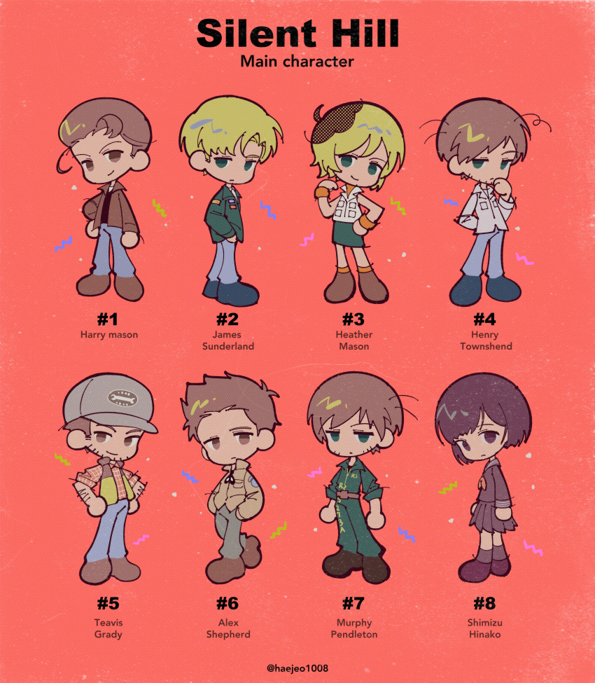 2girls, 6+boys, absurdres, alex_shepherd, blonde_hair, blue_shoes, brown_eyes, brown_hair, brown_jacket, brown_sailor_collar, brown_shirt, brown_shoes, brown_skirt, character_name, chibi, chibi_only, copyright_name, frown, green_eyes, green_jacket, green_jumpsuit, green_skirt, haejeo1008, harry_mason, heather_mason, henry_townshend, highres, jacket, james_sunderland, jumpsuit, looking_at_viewer, male_focus, multiple_boys, multiple_girls, murphy_pendleton, neckerchief, orange_neckerchief, pleated_skirt, red_background, sailor_collar, school_uniform, shimizu_hinako, shirt, shoes, short_hair, silent_hill, silent_hill:_downpour, silent_hill:_homecoming, silent_hill:_origins, silent_hill_(series), silent_hill_1, silent_hill_2, silent_hill_3, silent_hill_4, silent_hill_4:_the_room, silent_hill_f, simple_background, skirt, sleeveless, sleeveless_jacket, smile, travis_grady, white_jacket