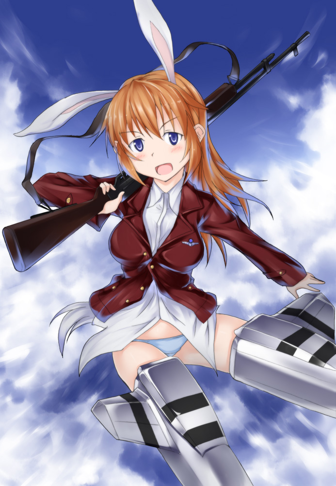 airplane, bar1918, brown_hair, bunny_ears, charlotte_e_yeager, kuronyan, long_hair, military
