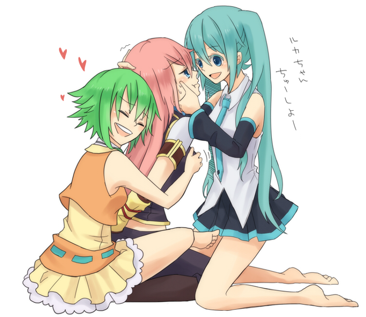 aqua_hair, barefoot, blue_eyes, breast_grab, breasts, feet, green_hair, gumi, hatsune_miku, koma_(remi_398), megurine_luka, multiple_girls, no_legwear, pink_hair, smile, tied, translated, vocaloid, yuri
