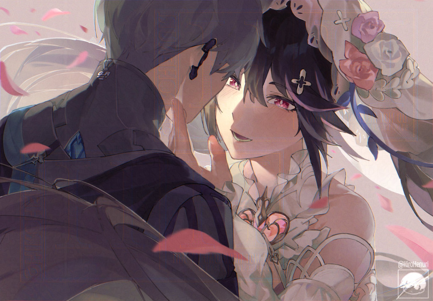 1boy, 1girl, black_hair, character_request, cross_hair_ornament, dress, flower, grey_hair