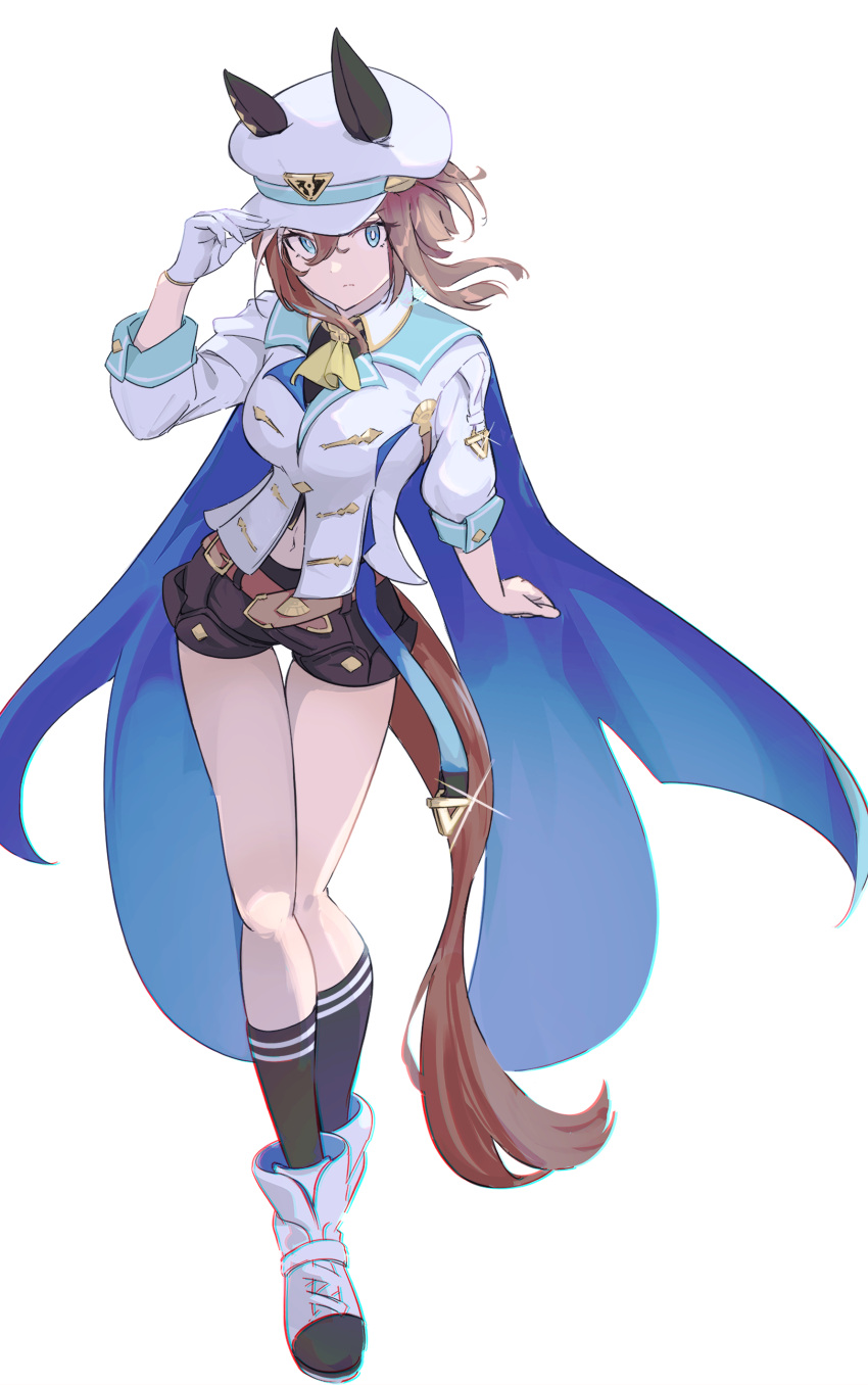 1girl, absurdres, animal_ears, ascot, black_shorts, black_socks, blue_cape, blue_eyes