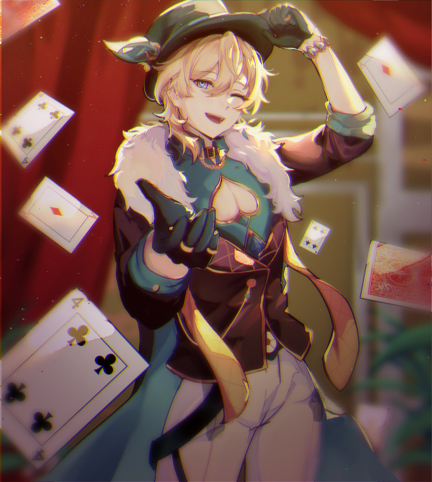 1boy, ;d, absurdres, ace_(playing_card), ace_of_diamonds, adjusting_clothes, adjusting_headwear, aqua_shirt