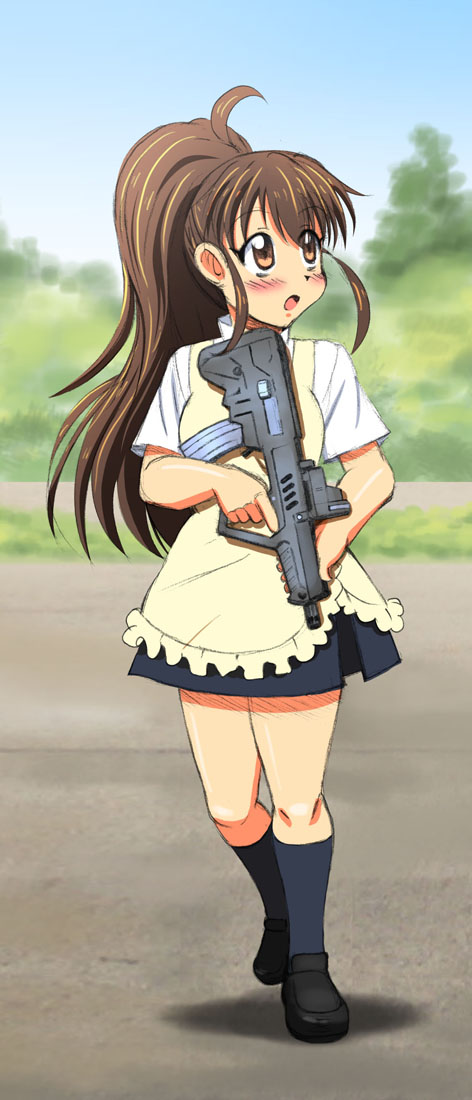 4649aoyagi, 5.56x45mm_nato, assault_rifle, brown_eyes, brown_hair, bullpup, compact_assault_rifle, gun