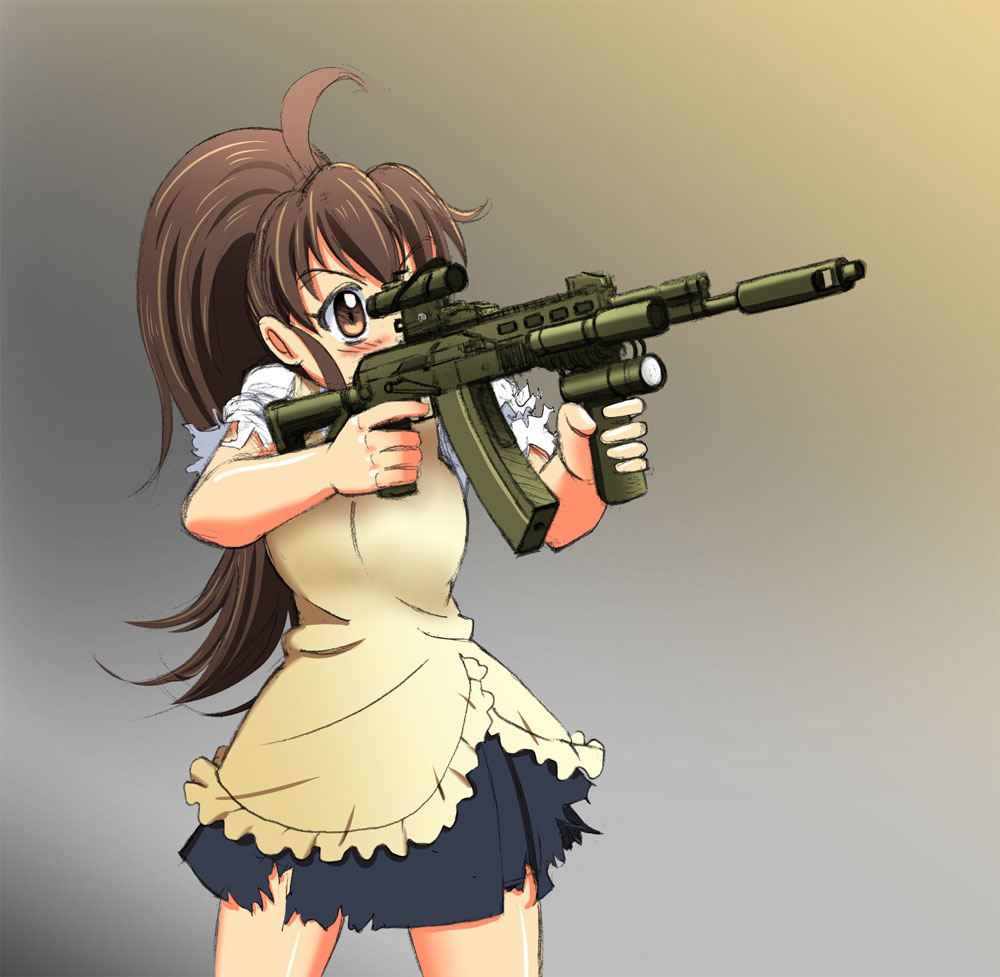 4649aoyagi, 5.45x39mm, assault_rifle, brown_eyes, brown_hair, compact_assault_rifle, flashlight, foregrip, gun, long_hair, ponytail, rifle, skirt, soviet_aks_74u, subcompact, suupii, taneshima_popura, torn_clothes, waitress, weapon, working!!