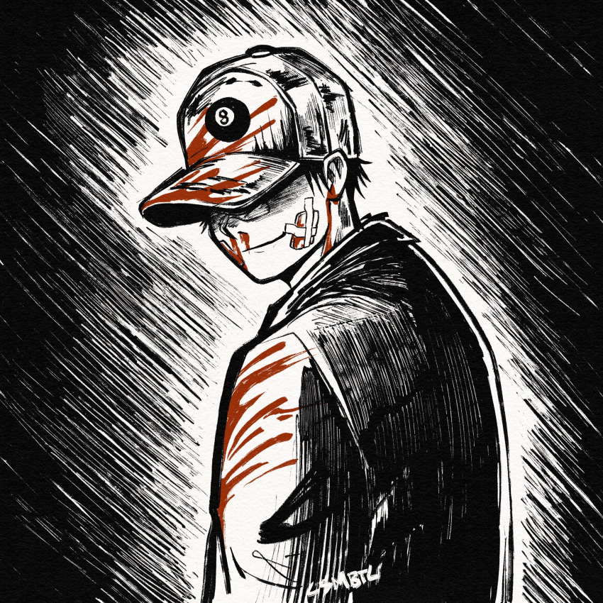 1boy, 8-ball, ai_coleman, ball, bandage_on_face, bandages, baseball_cap, billiard_ball