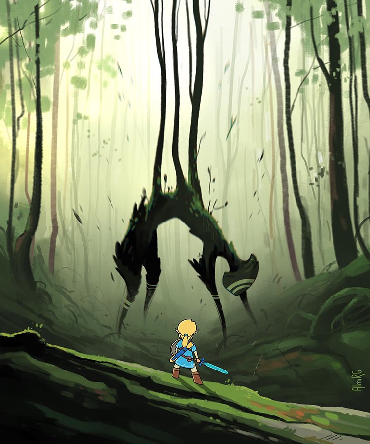 almirgusic, artist_name, battle, blonde_hair, boots, champion's_tunic_(zelda), fallen_tree, forest