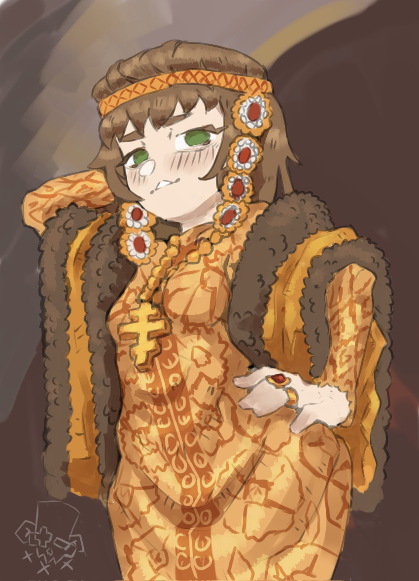 1girl, arm_up, brown_hair, byzantine_clothes, cross, cross_necklace, dress, green_eyes