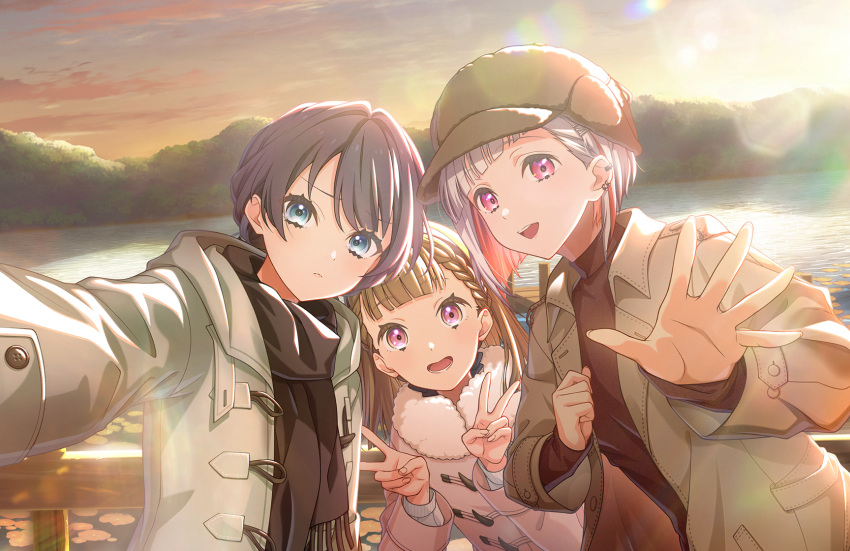 3girls, :d, aqua_jacket, black_bow, black_hair, black_scarf, blue_eyes, blush
