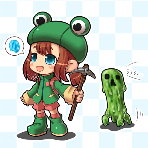 1girl, aqua_eyes, blue_eyes, boots, crab_man, creeper, diamond, eyes