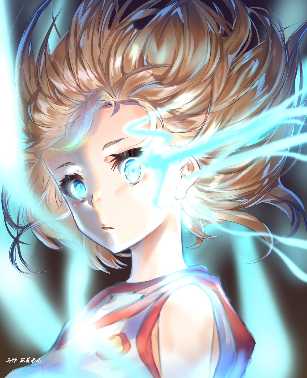 1girl, brown_hair, commentary_request, electricity, electrokinesis, glowing, glowing_eyes, guzangnanfeng