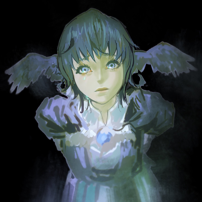 1girl, bird_wings, black_background, blue_eyes, blue_hair, final_fantasy, final_fantasy_xiv, head_wings, highres, leaning_forward, looking_at_viewer, meteion, poisonfire666, short_hair, solo, upper_body, wings