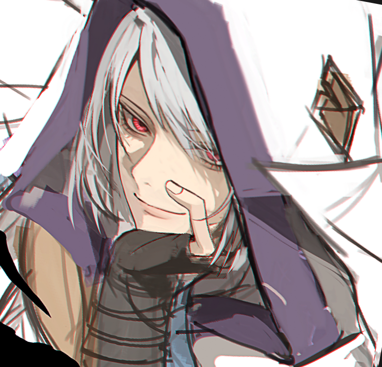 1girl, black_gloves, final_fantasy, final_fantasy_xiv, fingerless_gloves, gloves, head_rest, hood, hood_up, looking_at_viewer, nymeia, portrait, red_eyes, short_hair, sketch, smile, solo, v-shaped_eyebrows, wago, white_hair