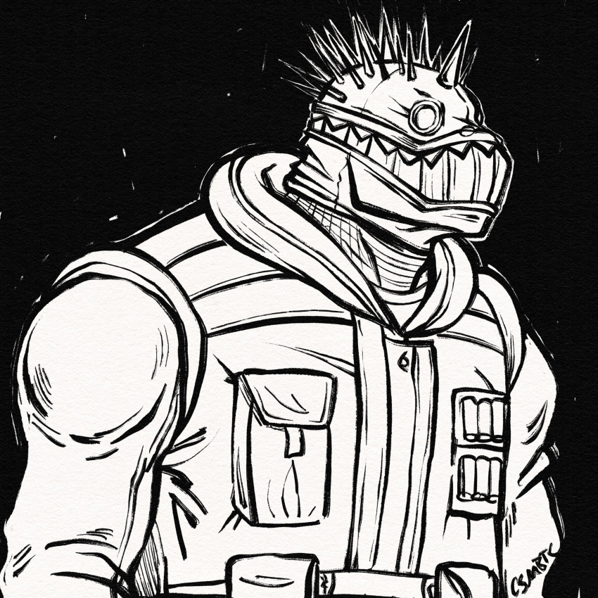 1boy, black_background, broad_shoulders, caiman_(dorohedoro), coat, commentary, csmbtc, dorohedoro