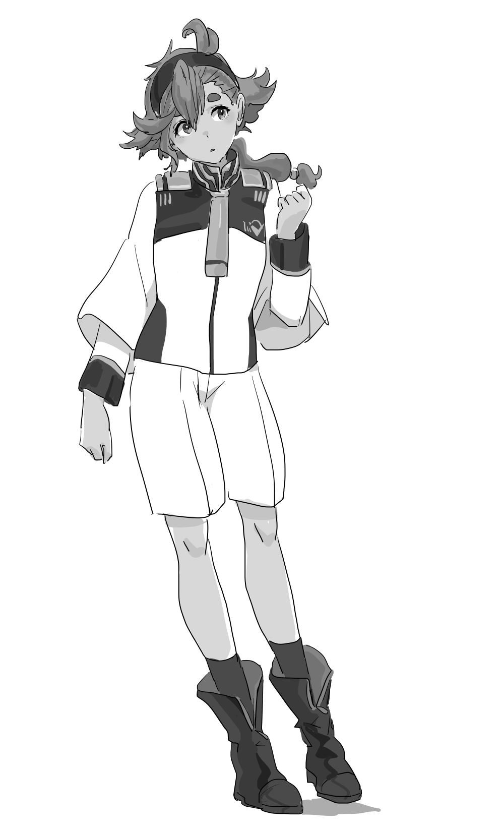 1girl, asticassia_school_uniform, boots, full_body, greyscale, gundam, gundam_suisei_no_majo, hairband