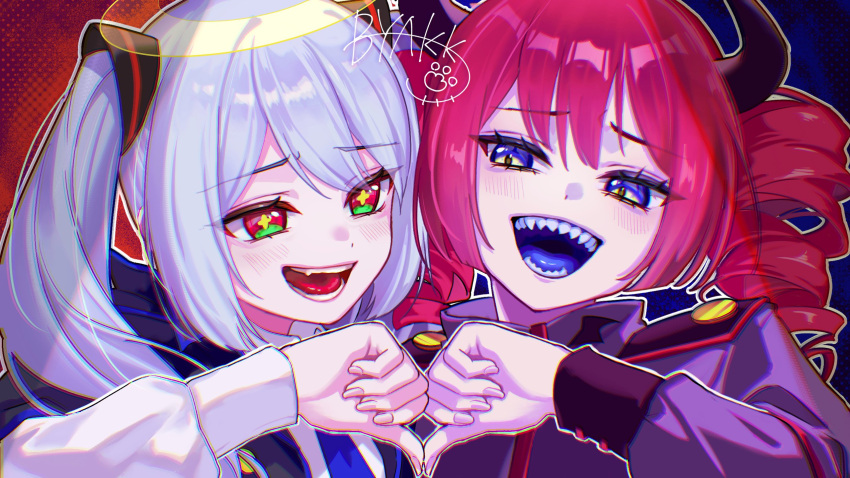 2girls, :d, blue_eyes, blue_tongue, blush, byakko_creator, colored_tongue, cross-shaped_pupils