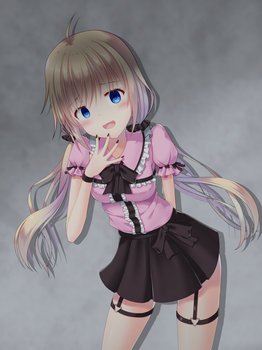 1girl, absurdres, ahoge, arm_behind_back, black_bow, black_garter_straps, black_nails, black_scrunchie