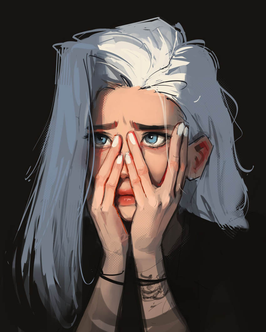 1girl, arm_tattoo, black_background, blue_eyes, commentary, curtained_hair, hands_on_own_face, highres, kara_(sam_yang), long_hair, nail_polish, original, peeking_through_fingers, red_lips, sam_yang, simple_background, solo, symbol-only_commentary, tattoo, white_hair, white_nails