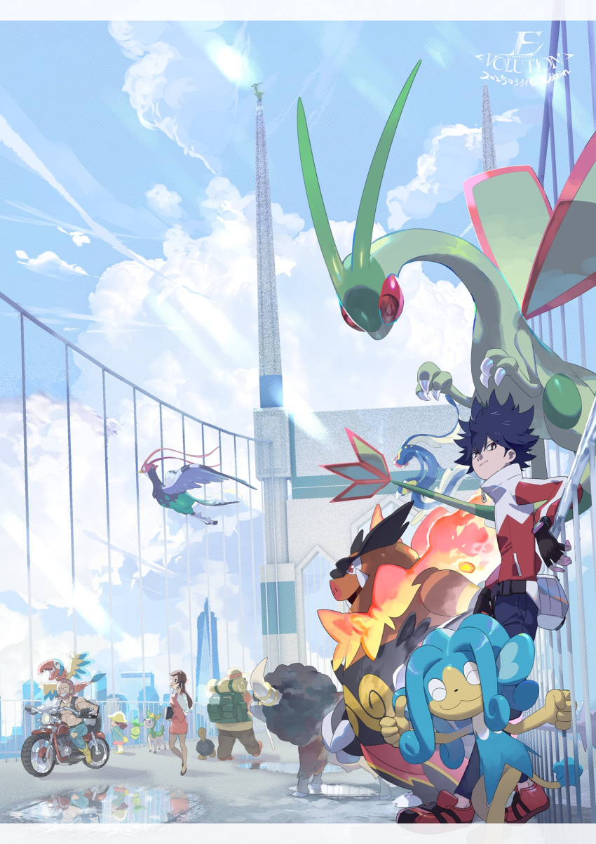 2girls, 3boys, archen, artist_name, biker_(pokemon), black_gloves, black_hair, bouffalant
