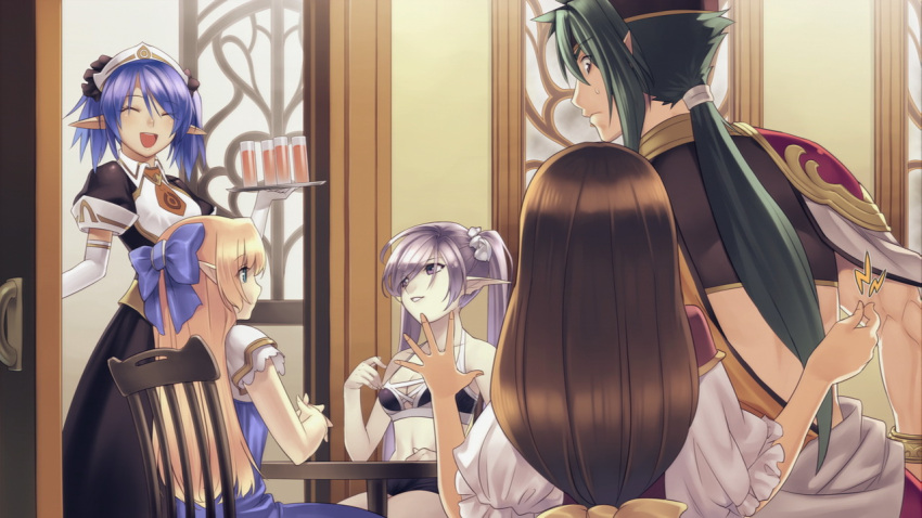 agarest_senki_2, blonde_hair, blue_hair, bow, brown_hair, closed_eyes, drink, elf, eyes_closed, game_cg, hair_bow, hirano_katsuyuki, long_hair, mervina_(agarest_senki), official_art, open_mouth, pinching, pointy_ears, sitting, sophia_(agarest_senki)