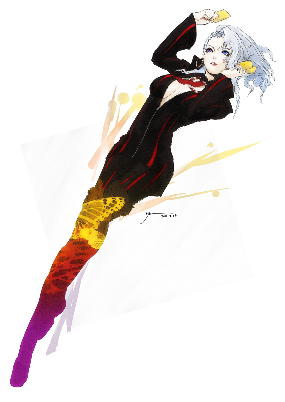 breasts, butterfly, card, cards, chou_shittou_caduceus, cleavage, earrings, highres, holding, holding_card, jewelry, mira_kimishima, opiu, silver_hair, trauma_team, yellow_card, zipper