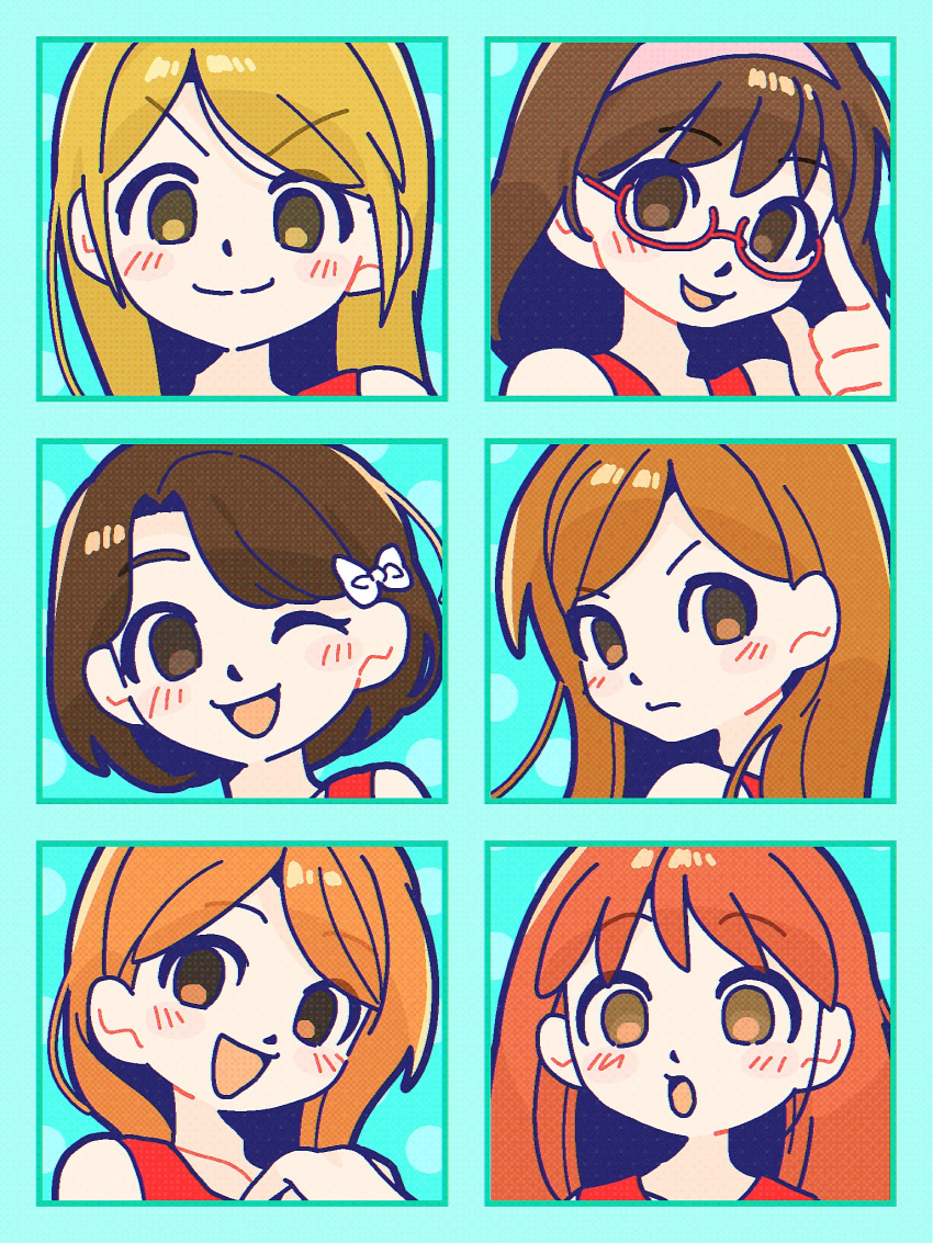 0tamt0, 6+girls, adjusting_eyewear, blush, bow, brown_eyes, brown_hair, character_request