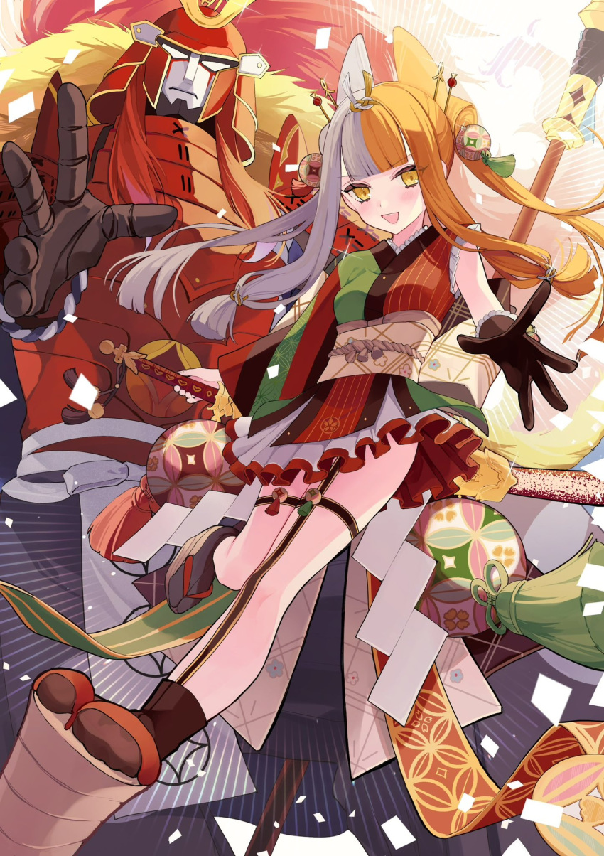 1388chan, 1girl, armor, blunt_bangs, blush, breasts, brown_hair, fate/grand_order, fate_(series), full_body, green_kimono, hair_ornament, hair_ribbon, helmet, highres, izumo_no_okuni_(fate), izumo_no_okuni_(third_ascension)_(fate), japanese_armor, japanese_clothes, kabuto_(helmet), katana, kimono, long_hair, long_sleeves, looking_at_viewer, medium_breasts, multicolored_hair, multicolored_kimono, naginata, open_mouth, outstretched_arm, pleated_skirt, polearm, red_kimono, revision, ribbon, rope_belt, sash, short_kimono, sidelocks, skirt, smile, split-color_hair, sword, tassel, thigh-highs, two-tone_hair, weapon, white_hair, wide_sleeves, yellow_eyes, zanzaburou_(fate)