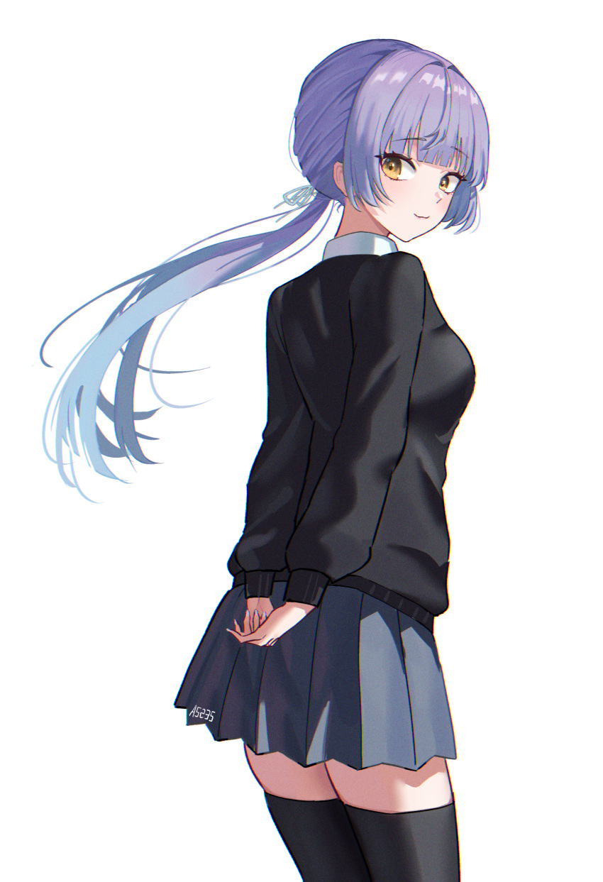 1girl, a5235, arms_behind_back, artist_name, black_cardigan, black_thighhighs, blue_hair, cardigan