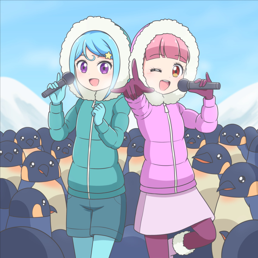 2girls, :d, ;d, \m/, aikatsu!_(series), aikatsu_friends!, antarctica, bird