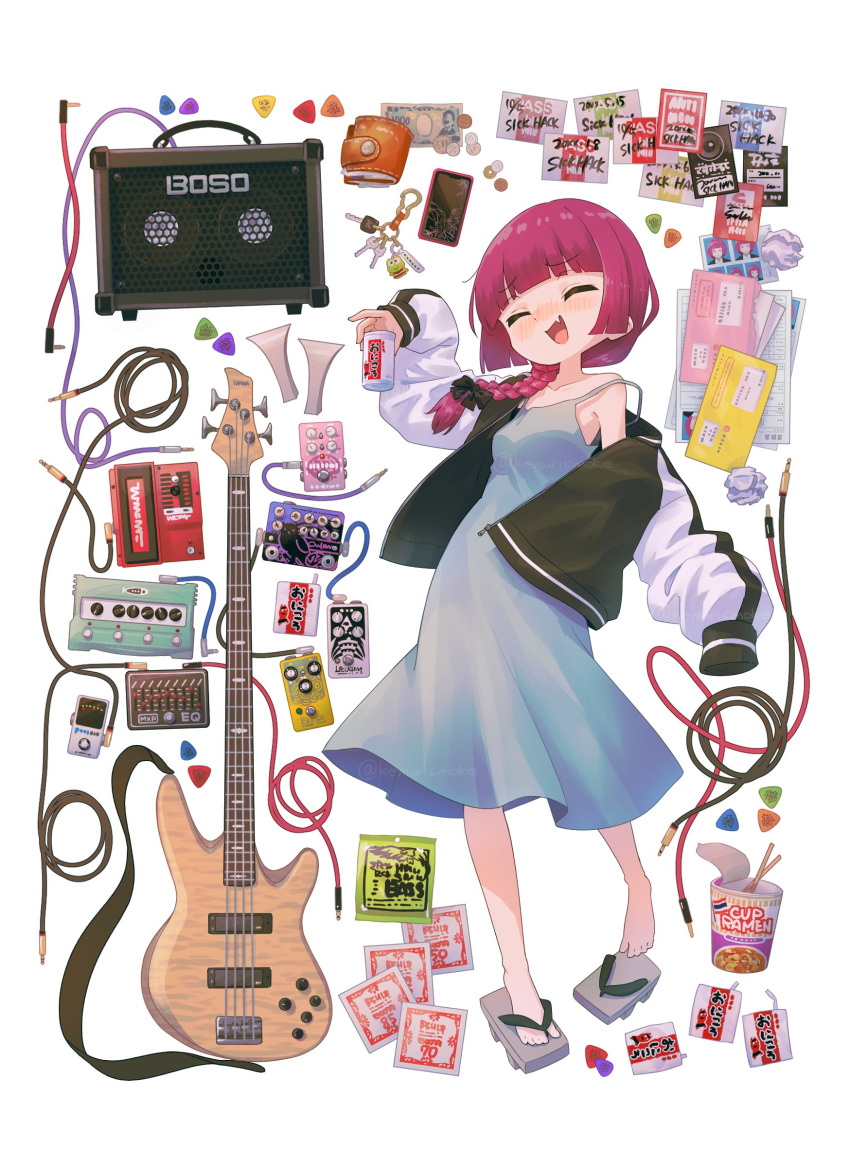1girl, absurdres, alcohol_carton, amplifier, audio_cable, audio_jack, bachi, bass_guitar