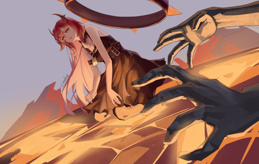 1girl, absurdres, arknights, artist_name, bare_shoulders, black_dress, crabq, demon_horns