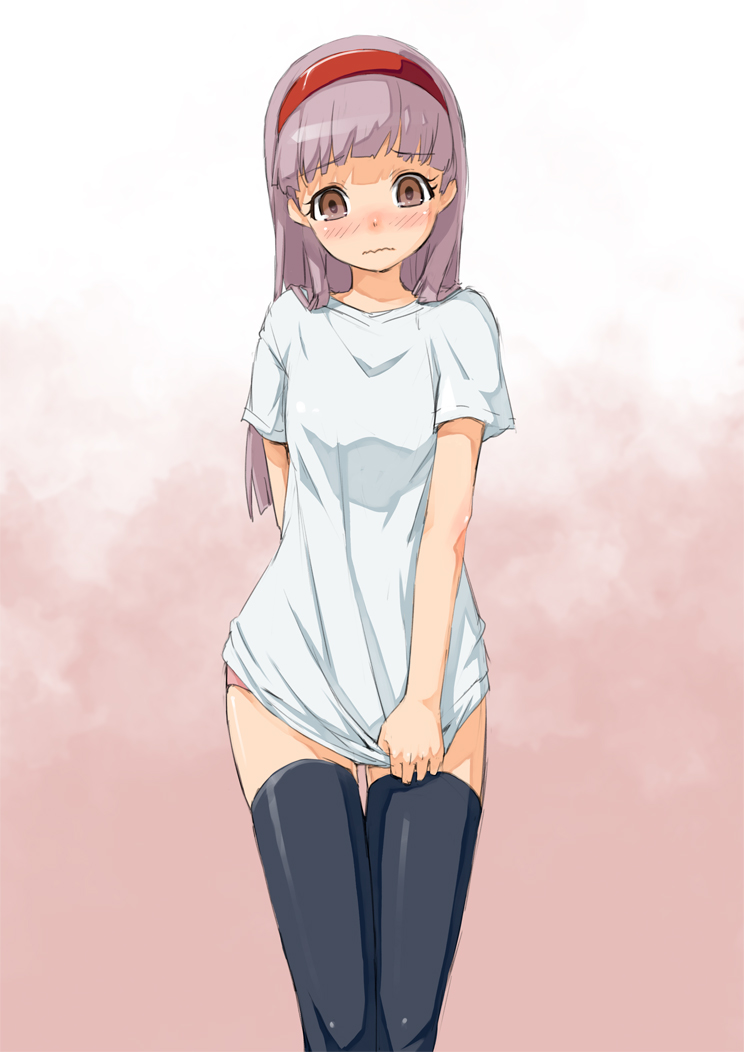 black_legwear, black_thighhighs, blush, brown_eyes, covering, covering_crotch, embarrassed, hairband