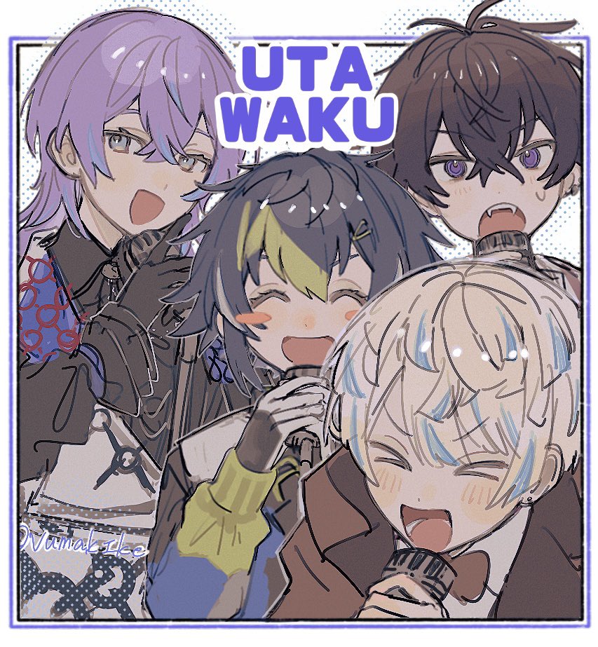 >_<, 4boys, :d, ^_^, antenna_hair, artist_name, black_gloves, black_hair