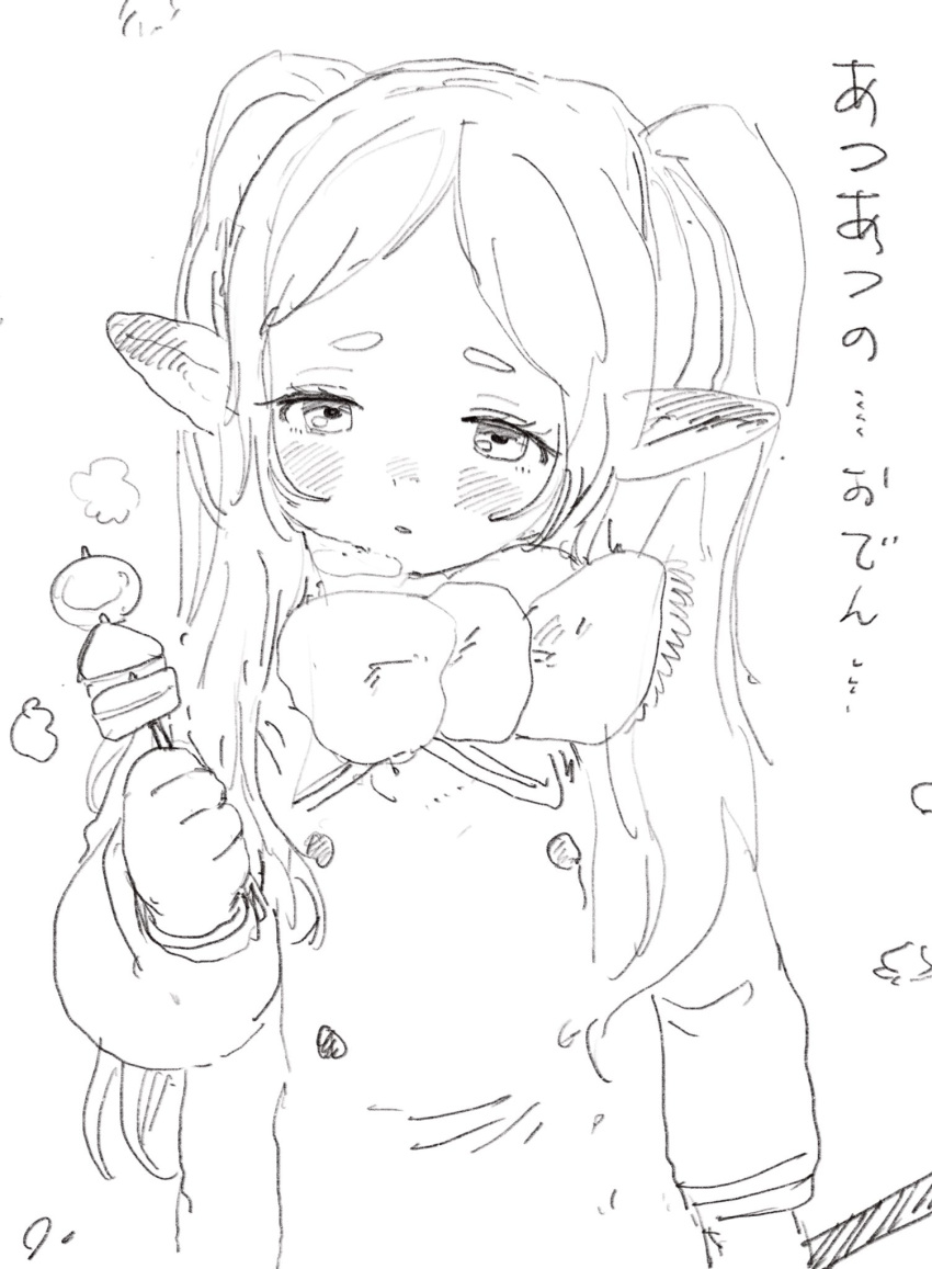 1girl, blush, elf, food, frieren, greyscale, highres, jacket