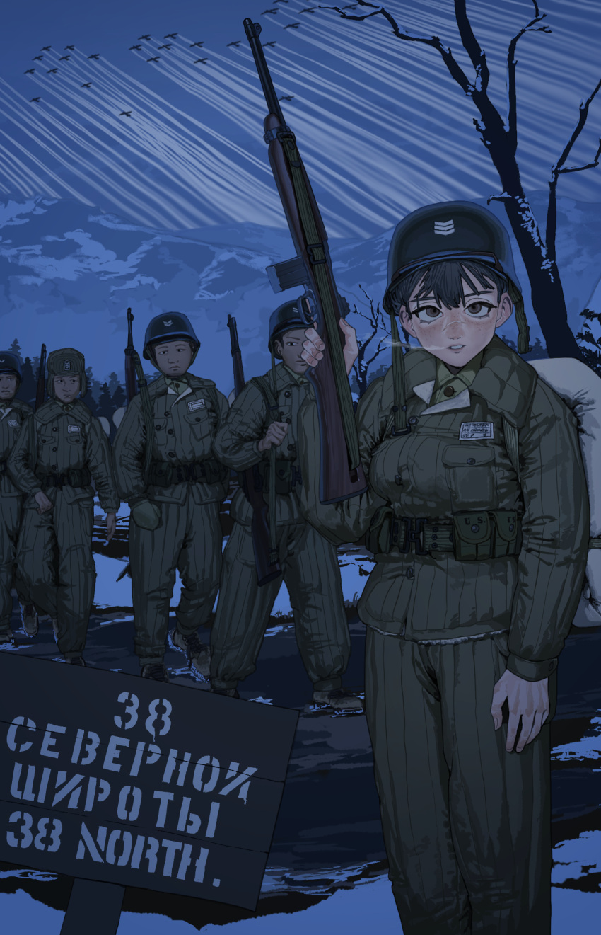 1girl, 4boys, aircraft, airplane, ammunition_pouch, black_hair, breath, combat_helmet