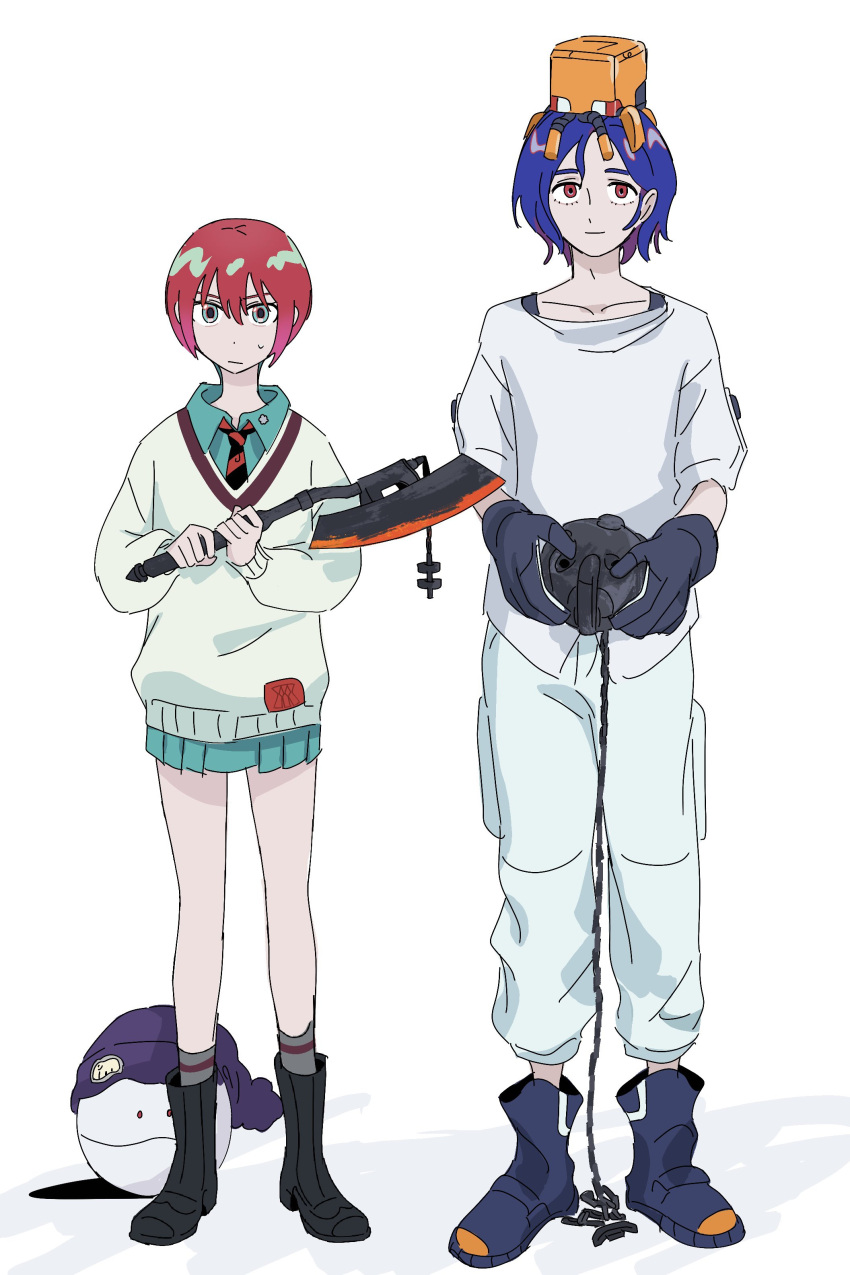 1boy, 1girl, absurdres, amate_yuzuriha, aqua_eyes, axe, ball_and_chain_(weapon), battle_axe