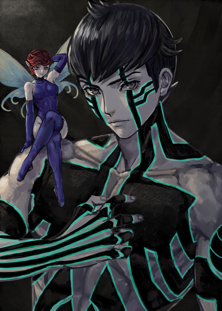 1boy, 1girl, arm_behind_head, black_background, black_hair, blue_gloves, blue_leotard, blue_thighhighs, breasts, crossed_legs, demi-fiend, elbow_gloves, fairy, fairy_wings, full-body_tattoo, ginkado, gloves, grey_eyes, hand_on_another's_shoulder, hand_on_own_chest, leotard, looking_at_viewer, medium_breasts, mini_person, minigirl, pixie_(megami_tensei), pointy_ears, red_eyes, red_hair, shin_megami_tensei, shin_megami_tensei_iii:_nocturne, short_hair, tattoo, thigh-highs, topless_male, wings
