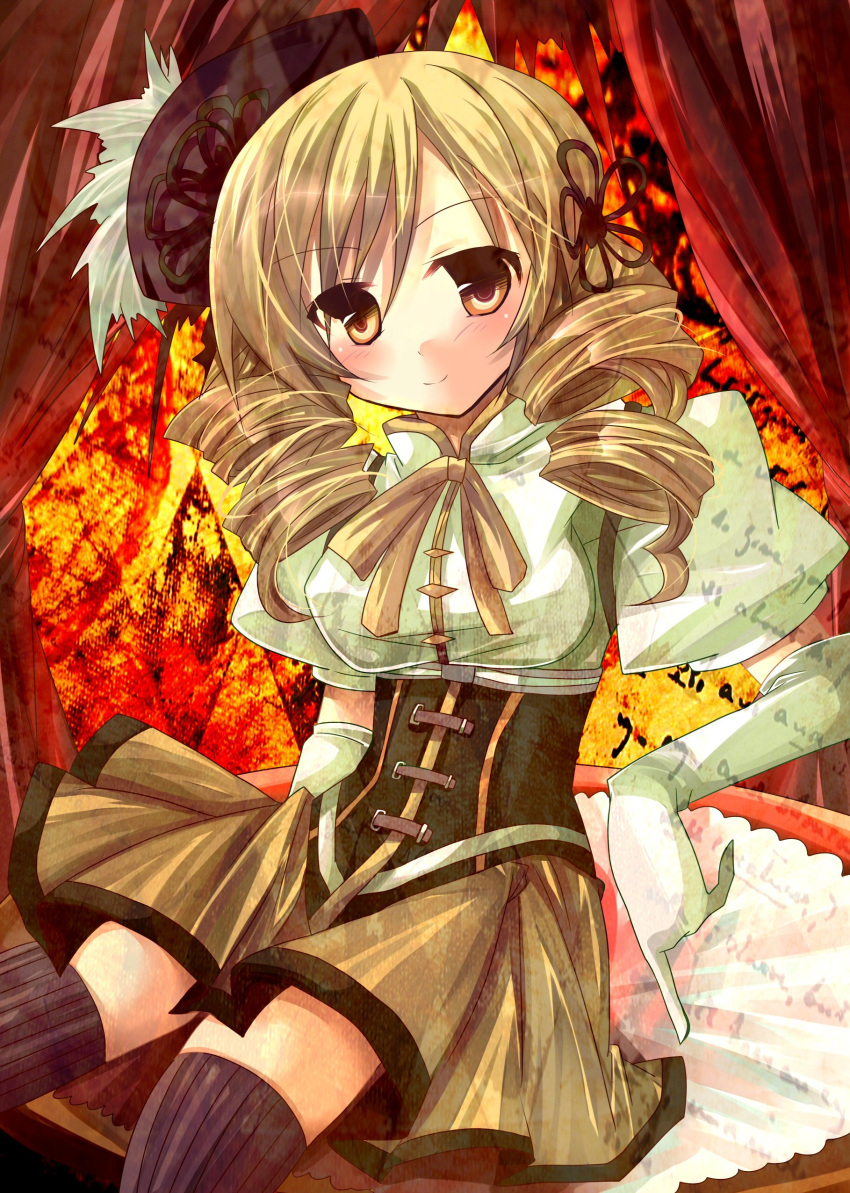 absurdres, beret, blonde_hair, breasts, drill_hair, elbow_gloves, gloves, hair_ornament