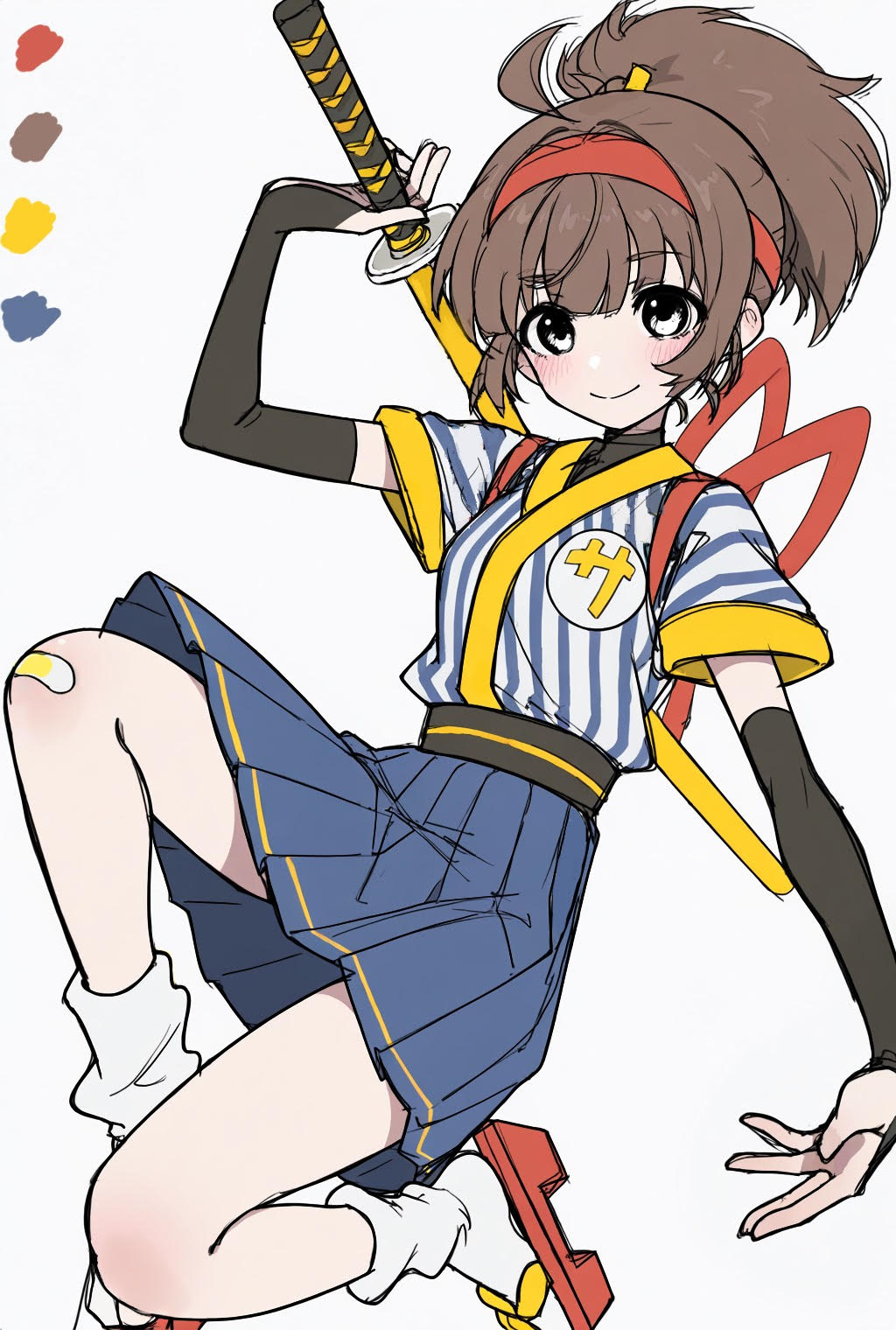 1girl, armband, bandages, black_arm_warmers, blue_skirt, brown_eyes, brown_hair, ebiten_(pixiv_24714637), employee_uniform, hairband, highres, holding, holding_sword, holding_weapon, katana, looking_at_viewer, mcdonald's, pleated_skirt, ponytail, red_hairband, red_shoes, samurai_tamago_tabemi, shirt, shoes, short_sleeves, skirt, socks, striped_clothes, striped_shirt, sword, vertical-striped_clothes, vertical-striped_shirt, weapon, white_socks