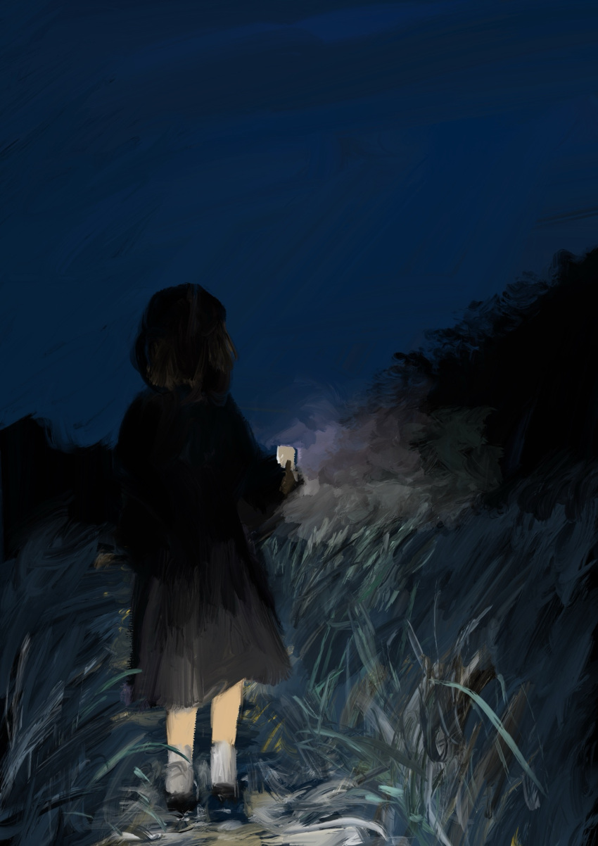 1girl, akino_suzume, black_shoes, cellphone, dark, dress, english_commentary, facing_away