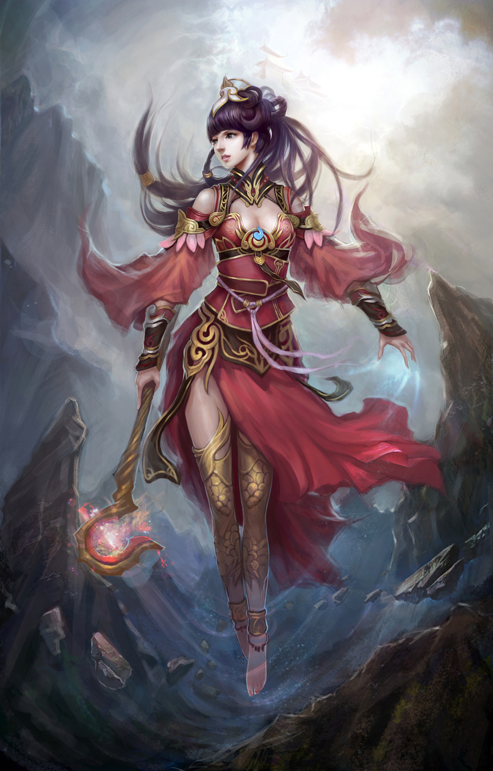 barefoot, black_hair, fantasy, floating, highres, hikari_haibane, jewelry, levitate, levitation, long_hair, original, solo, staff