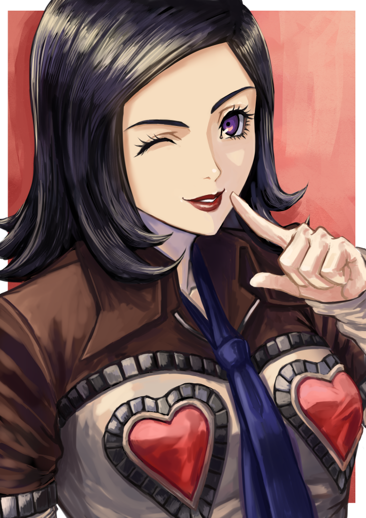1girl, amano_maya, black_hair, blue_necktie, breasts, finger_to_mouth, ginkado, heart, jacket, medium_breasts, medium_hair, necktie, one_eye_closed, persona, persona_2, red_lips, shushing, smile, solo, upper_body, violet_eyes